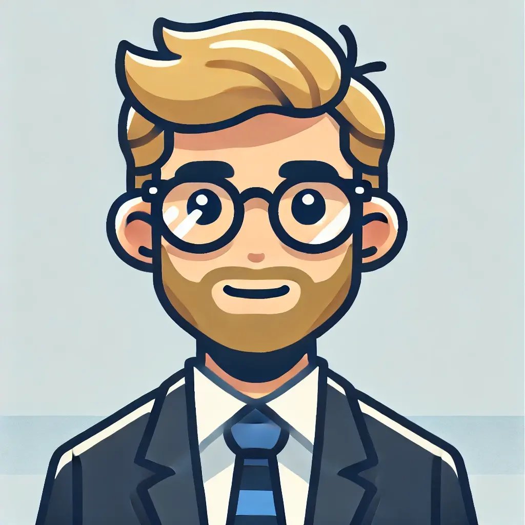 DALL·E 2024-09-06 11.01.49 - A headshot of a man in a cartoonish corporate art style, suitable for use in a PowerPoint presentation or a commercial. The man has blonde hair, a sho