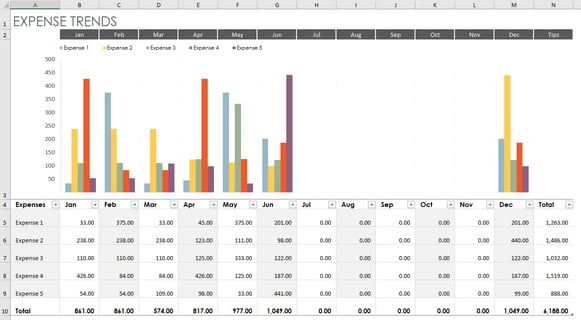 image shoes an Excel page with bar graphs and expenses over different months. this image represents excel input. 