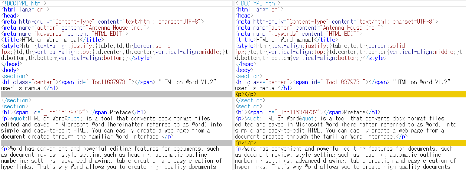 This image shows two HTML files side by side. The first HTML page shows empty lines, and the second HTML page shows line break text tags <p></p> to make the line break in the page.