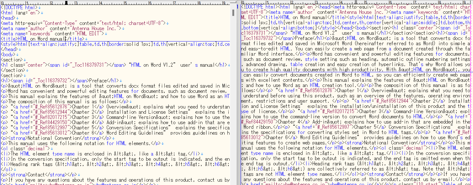 This image shows two HTML files side by side. the one on the left shows an organized HTML page that is easier to read, each tag has its own line, the HTML on the right shows a more condensed file, there are no breaks and all the HTML flows without breaks to cover the whole page.