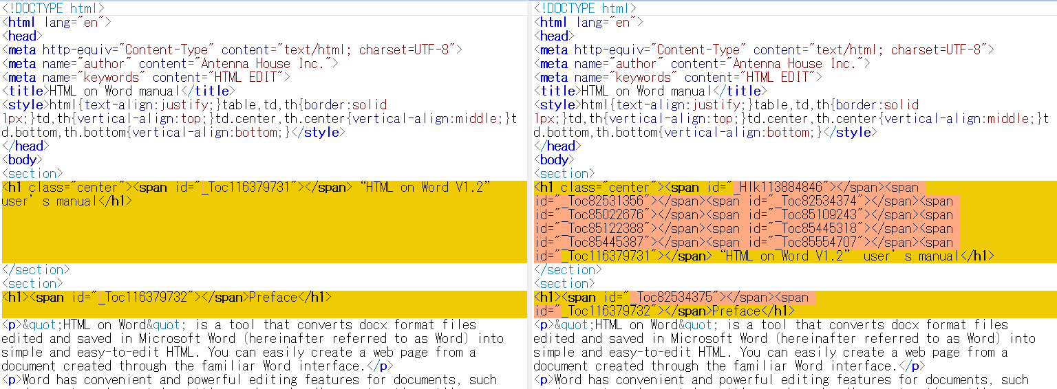 This image shows two HTML files side by side. They both have h1 sections highlighted, image on the right has additional ids specified within the h1 tag.