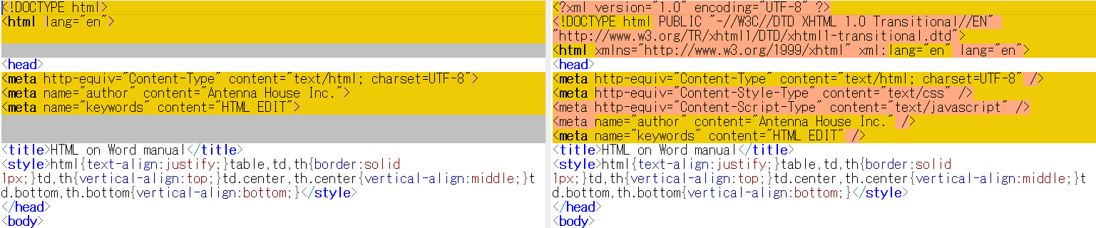 This image shows two Mark up Language files side by side.  The first is an HTML, the second on the right has been modified for XML output.